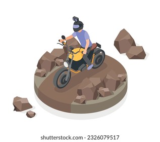 Motocicleta deportiva masculina en zona rocosa con cámara de acción sobre la composición isométrica del casco Ilustración vectorial 3d