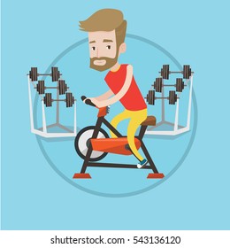 Man riding stationary bicycle in the gym. Sporty man exercising on stationary training bicycle. Man training on exercise bicycle. Vector flat design illustration in the circle isolated on background.