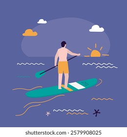 Man riding sup board on water. Surfer outdoor recreation on sunset. Sportsman standing with paddle on board, sea summer enjoy. Active male character rest. flat vector illustration