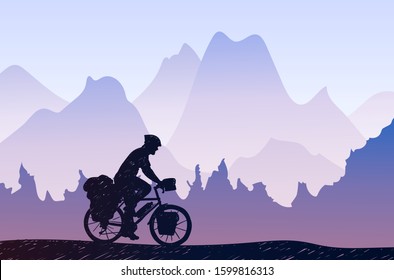 Man riding touring bicycle with bags with mountains background. Bikepacking in countryside