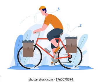 man riding a touring bike, man touring with bicycle, explore the world with bicycle, illustration concept, vector flat style