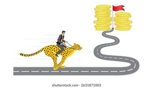 Man riding towards money on winding road. Difficult way to earn money. Vector illustration.