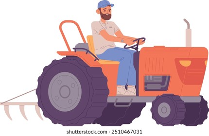 Hombre montando un tractor. Carácter de agricultor. Trabajo de campo aislado sobre fondo blanco