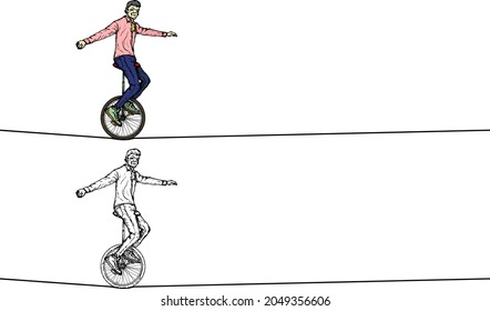 Man riding unicycle across a tightrope. Hand drawn vector illustration.