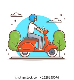 Man Riding Vespa Scooter Vector Icon Illustration. Scooter and Helmet, Autumn Icon Concept White Isolated. Flat Cartoon Style Suitable for Web Landing Page, Banner, Sticker, Background