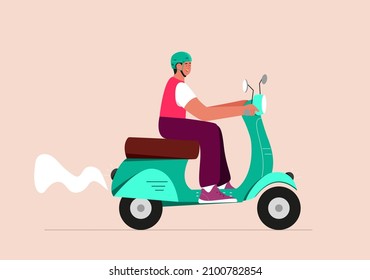 Man riding vintage retro scooter, weraing helmet. Flat vector illustration