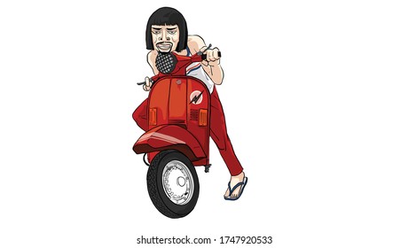 man riding vintage scooter action, vector