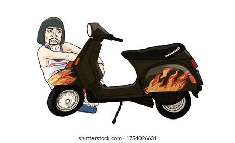 man riding vintage scooter action, vector