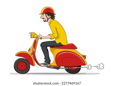 Man riding vintage scooter with Spanish emblem pattern. Vector illustration in cartoon isolated, eps