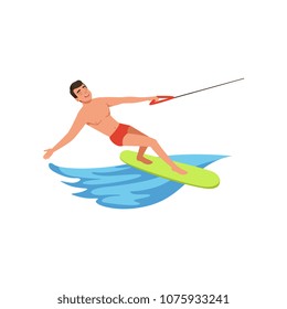 Man riding wakeboard, water skiing, water sport activity vector Illustration on a white background
