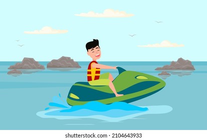 Man is riding water bike on ocean. Guy is having fun and spending time at beach resort. Happy person is doing sports during summer time. Male character in life jacket is sitting on water transport