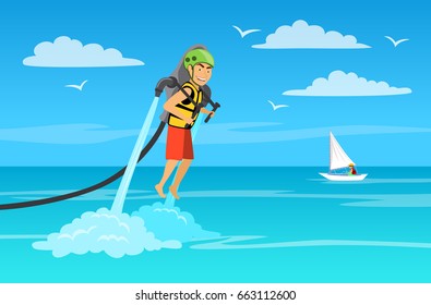 man riding water jet pack. summer beach vacations background