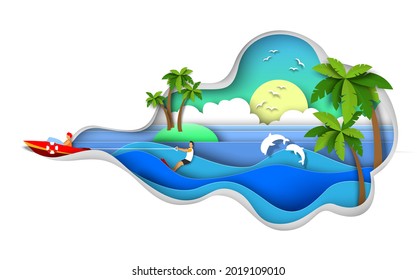 Man riding water ski, vector illustration in paper art style. Water skiing, extreme summer sport and beach activity. Waterskiing and wakeboarding.