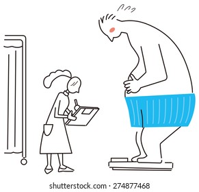Man riding a weight scale