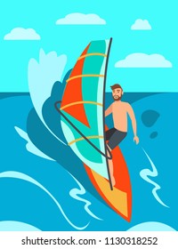 Man riding Windsurf on Sea. Surfing on Sunny Day. Surf Rental. Windsurf rental. Water Sports on Vacation. Man is riding a board with Sail. Sun and Sea on Vacation. Vector Illustration.