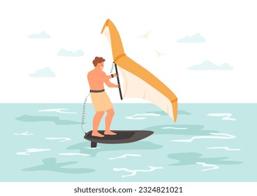 Man riding wing foil. Happy guy rides hydrofoil surfboard using hand-held inflatable wing on sea, ocean. Active summer water sport. Foil boarding concept. Vector illustration.