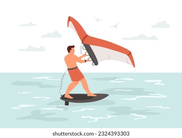 Hombre montando hojas de ala en el mar, océano. Los machos montan una tabla de surf con hidrófilo usando un ala inflable de mano. Deportes acuáticos de verano activos. Ilustración vectorial.