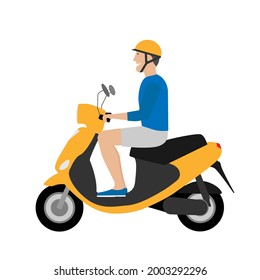 Man riding yellow motor scooter. Man wearing helmet. Urban vehicle, city transportation. Delivery service. Flat vector illustration
