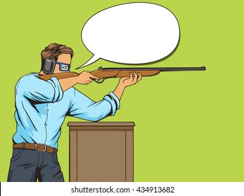 Man with rifle at shooting range. Cartoon pop art vector illustration. Human comic book vintage retro style.