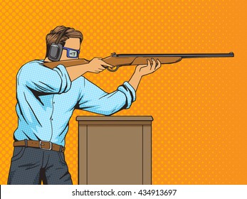 Man with rifle at shooting range. Cartoon pop art vector illustration. Human comic book vintage retro style.