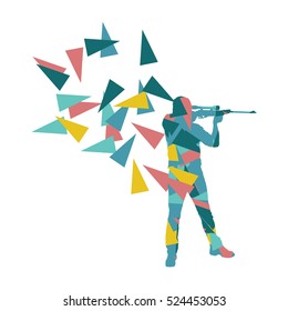 Man with rifle vector background sport concept made of polygon fragments isolated on white