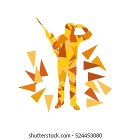 Man with rifle vector background sport concept made of polygon fragments isolated on white