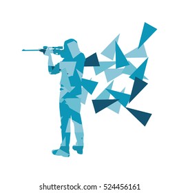 Man with rifle vector background sport concept made of polygon fragments isolated on white