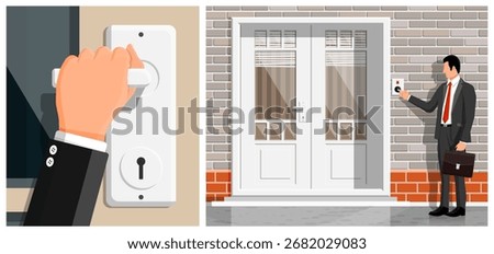 Man ringing doorbell at brick house. Hand opening door. Home visit and enter concept illustration.
