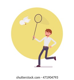 Man with a ringnet is trying to catch an idea, a bulb with wings. Cartoon vector flat-style concept illustration