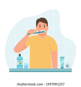 Man rinse her mouth, using mouthwash from a glass.Daily oral hygiene routine. Dental Health Concept. Vector illustration