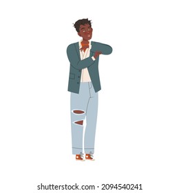 Man in Ripped Jeans and Jacket Waiting or Standing in Queue or in Line for Nightclub Vector Illustration