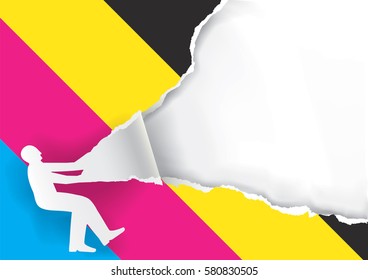 Man Ripped Paper Background With Print Colors.
Paper man silhouette ripping paper with print colors. Concept for presenting color printing. Vector available.