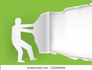 Man ripping green paper background. Place for your text or image.Vector available.