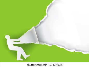 
Man Ripping green Paper Background.
Paper silhouette of man ripping green paper background with place for your text or image. Vector available.