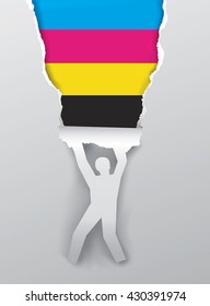 Man ripping paper with print colors.
Paper silhouette of hanging man ripping paper with print colors.Concept for presenting color printing. Vector available. 
