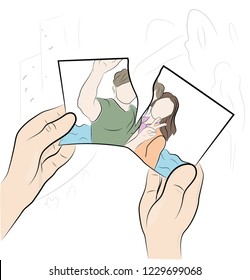 man rips photo. the end of the relationship. memories. vector illustration.