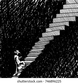 The Man Rises On The Stairs. Vector Illustration