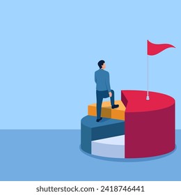man rises towards the biggest pie chart, a metaphor for market share. Simple flat conceptual illustration.