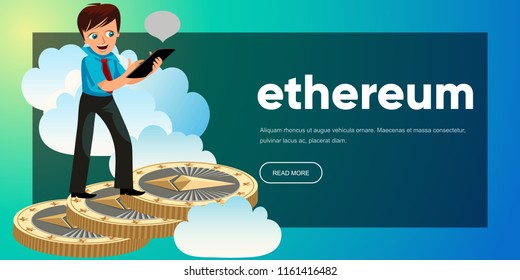 Man rising up to clouds on ethereum coins