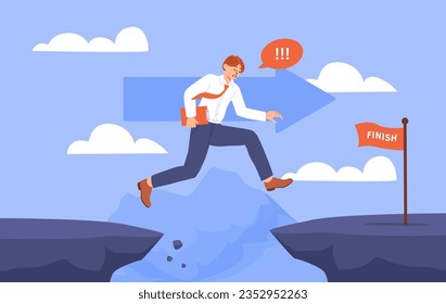 Man with risk concept. Young guy jump over gap. Businessman and investor, trader. Successsful entrepreneur go to finish. Investing and trading, business. Cartoon flat vector illustration