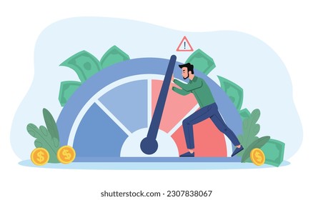 Man with risk meter. Young guy near scale with arrow. Bank client, risk assessment. Financial literacy and accounting. Investment and trading assesment. Cartoon flat vector illustration