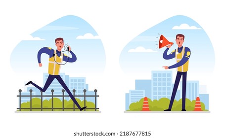 Man Road Police Officer Running and Announcing Something in Megaphone Vector Scene Set