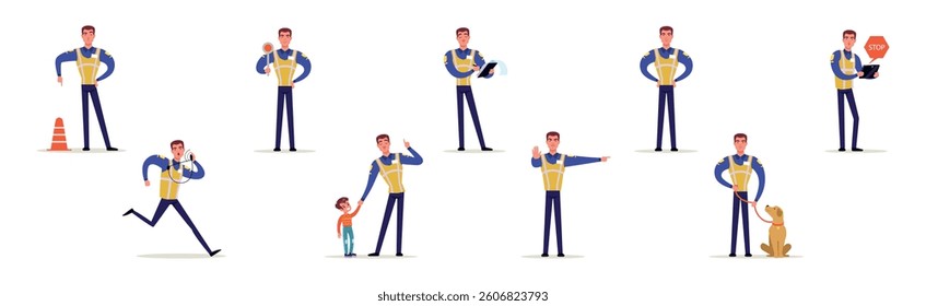 Man Road Policeman in Different Situations Vector Set