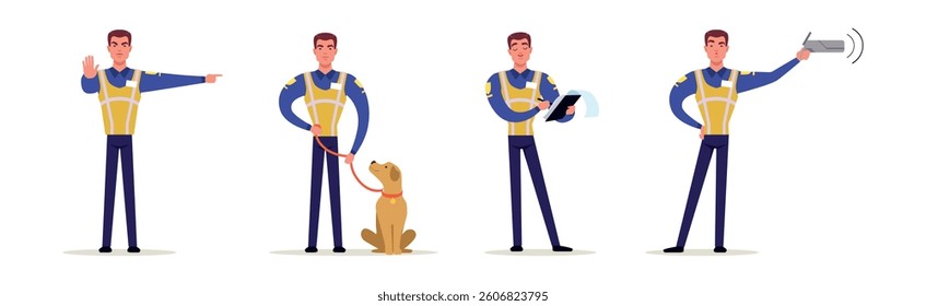 Man Road Policeman in Different Situations Vector Set