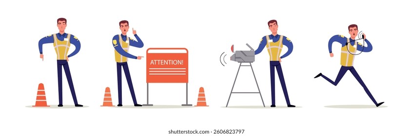 Man Road Policeman in Different Situations Vector Set
