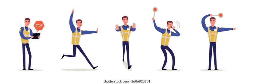Man Road Policeman in Different Situations Vector Set