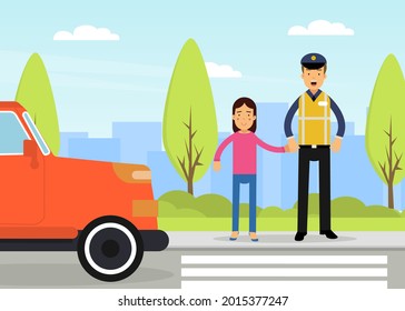 Man Road Policeman as Highway Patrol Engaged in Overseeing and Enforcing Traffic Safety on Roads Vector Illustration