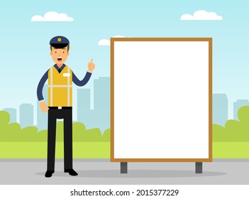 Man Road Policeman in Yellow Waistcoat as Highway Patrol Engaged in Overseeing and Enforcing Traffic Safety on Roads Vector Illustration