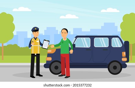 Man Road Policeman in Yellow Waistcoat as Highway Patrol Engaged in Overseeing and Enforcing Traffic Safety on Roads Vector Illustration