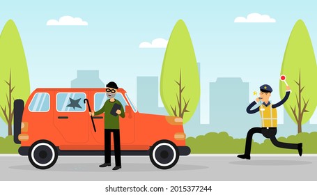 Man Road Policeman in Yellow Waistcoat as Highway Patrol Engaged in Overseeing and Enforcing Traffic Safety on Roads Vector Illustration